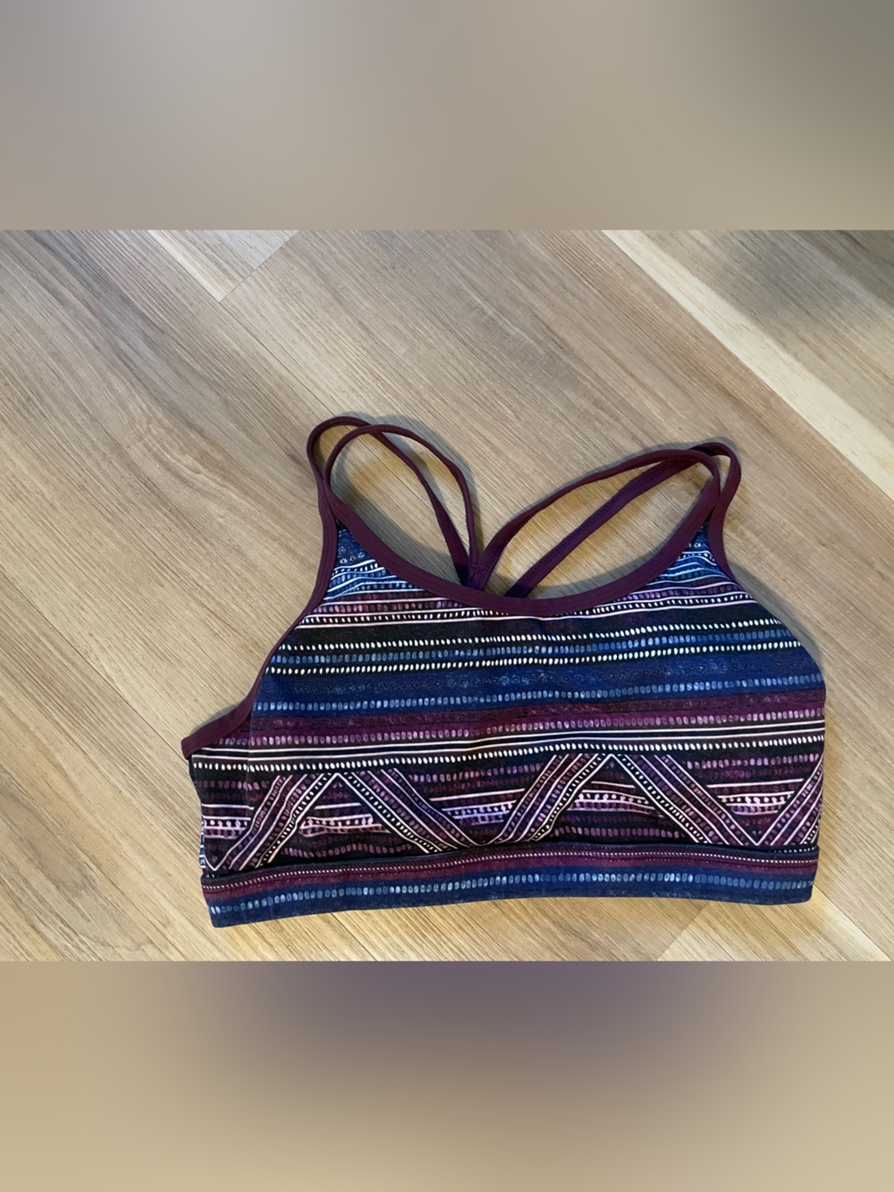 Born Primitive Strappy Sports Bra in Plum and Navy Geometric Stripe
